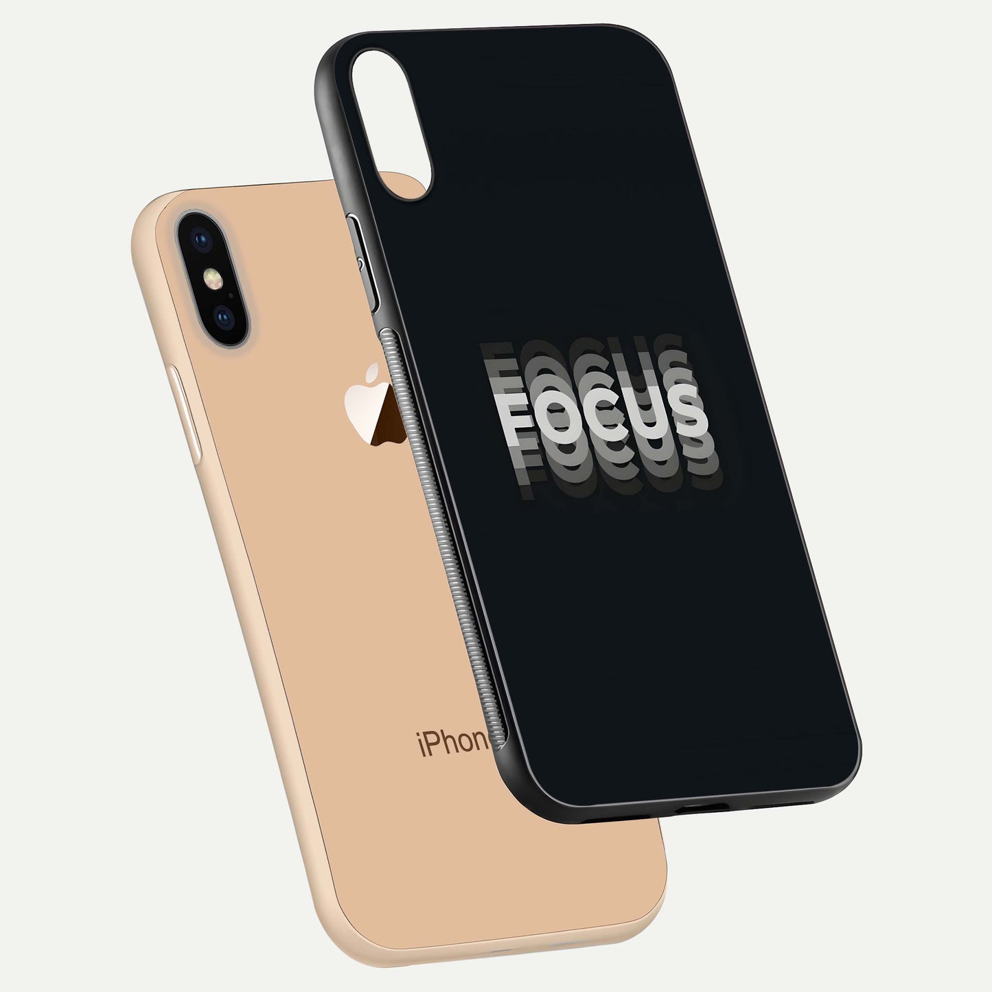 Mono Focus Vision Glass Case for iPhone Xs floating dual-view mockup showing HD gloss and elegant simplicity