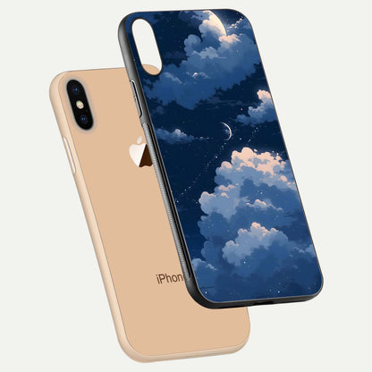 Moon Dream Haze Glass Case for iPhone Xs floating dual-view mockup showing gloss texture and calm tones