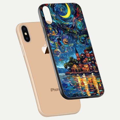 Moonlight Harbor Glow Glass Case for iPhone Xs floating dual-view mockup showing gloss brightness and glow