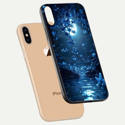 Moonlight Petal Dream Glass Case for iPhone Xs floating dual-view mockup showing HD gloss and dreamy art