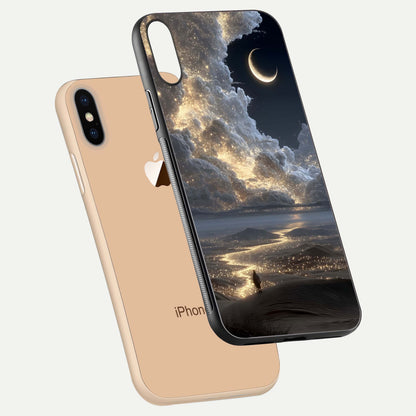 Moonlight Spark Path Glass Case for iPhone Xs floating dual-view mockup showing gloss finish and shine depth