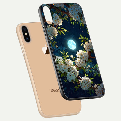 Moonlit Blossom Dream Glass Case for iPhone Xs floating dual-view mockup showing gloss texture and floral tone