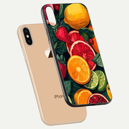Multiple Fruits Glass Case for iPhone Xs floating dual-view mockup showing reflection depth and freshness