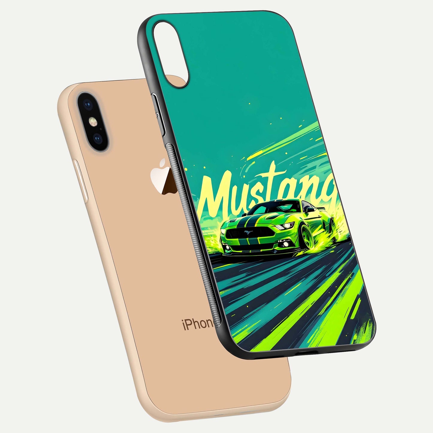 Mustang Bang Glass Case for iPhone Xs floating dual-view mockup showing gloss depth and power design