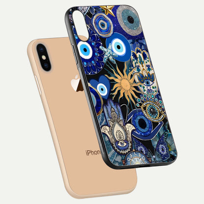 Mystic Blue Evil Eye Glass Case for iPhone Xs floating dual-view mockup showing gloss depth and sacred symbol