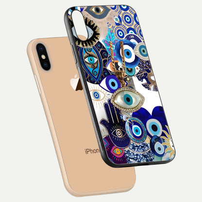 Mystic Charm Eye Glass Case for iPhone Xs floating dual-view mockup showing gloss glow and charm symbol