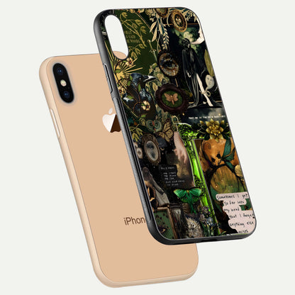 Mystic Woods Secret Glass Case for iPhone Xs floating dual-view mockup showing HD shine and depth