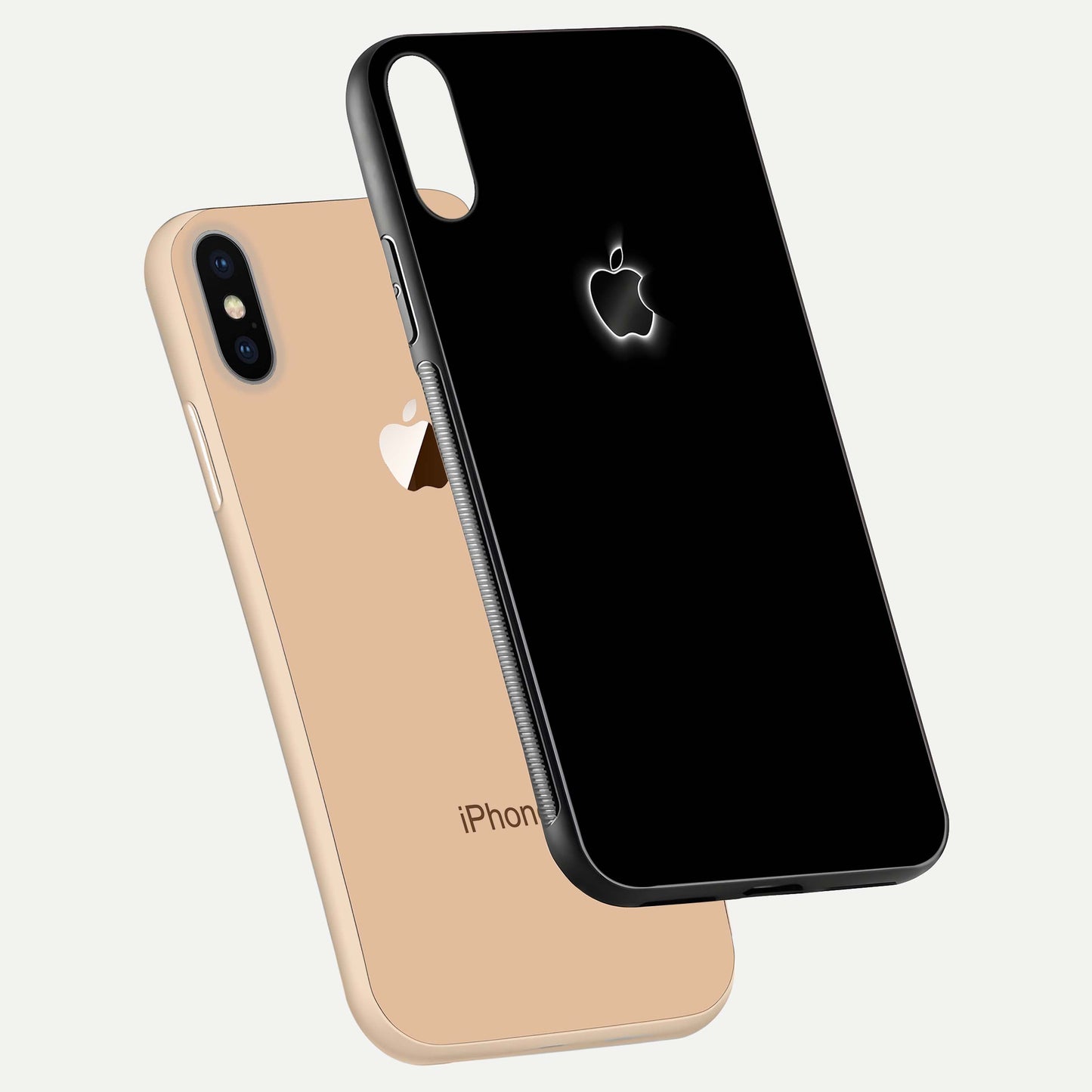 Neon Apple Glow Glass Case for iPhone Xs floating dual-view mockup showing HD shine and modern look