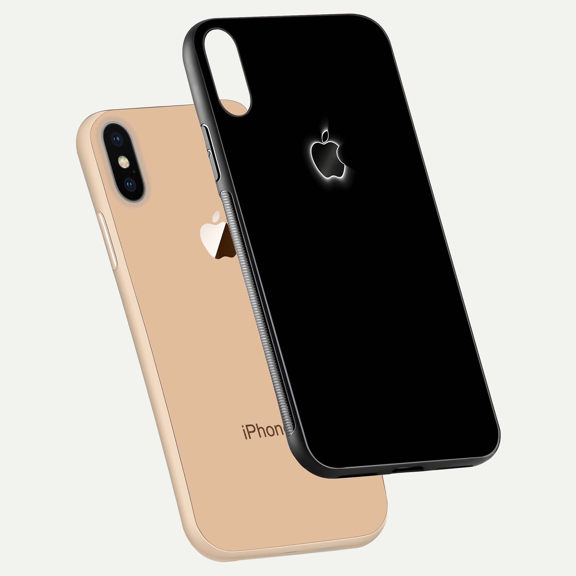 Neon Apple Glow Glass Case for iPhone Xs floating dual-view mockup showing HD shine and modern look