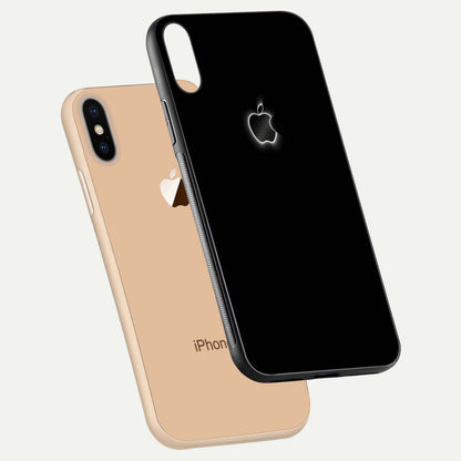 Neon Apple Glow Glass Case for iPhone Xs floating dual-view mockup showing HD shine and modern look