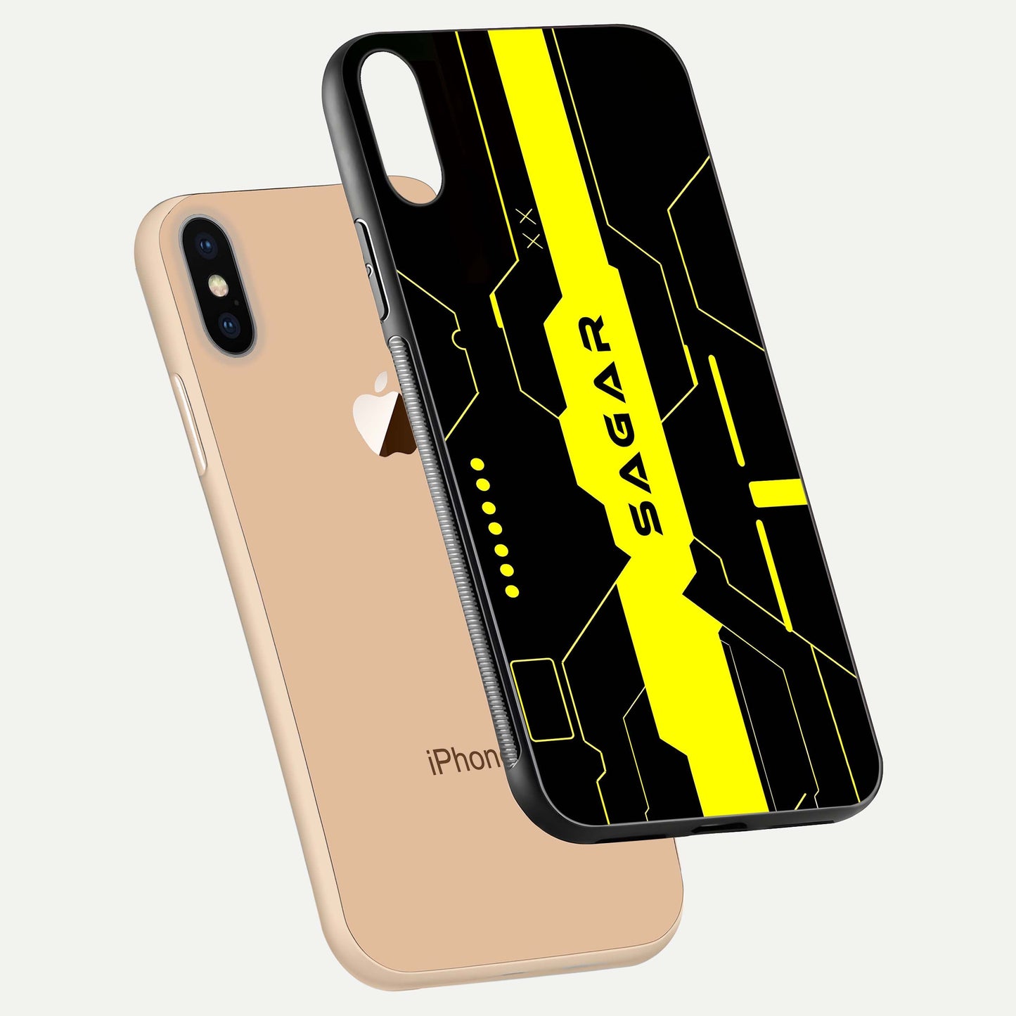 Neon CYBERPUNK Custom Name Glass Case for iPhone Xs floating dual-view mockup showing HD shine and neon lines