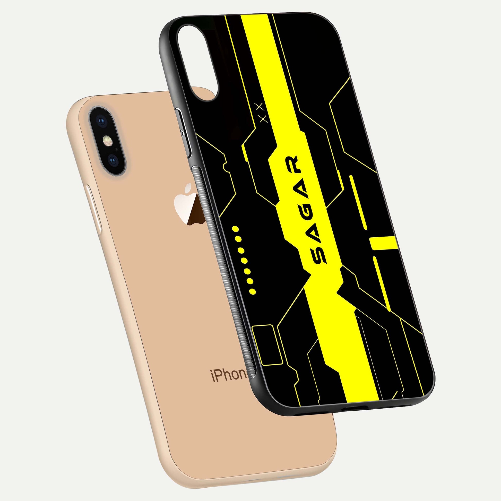 Neon CYBERPUNK Custom Name Glass Case for iPhone Xs floating dual-view mockup showing HD shine and neon lines