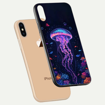 Neon Jellyfish Glass Case for iPhone Xs floating dual-view mockup showing gloss texture and underwater glow