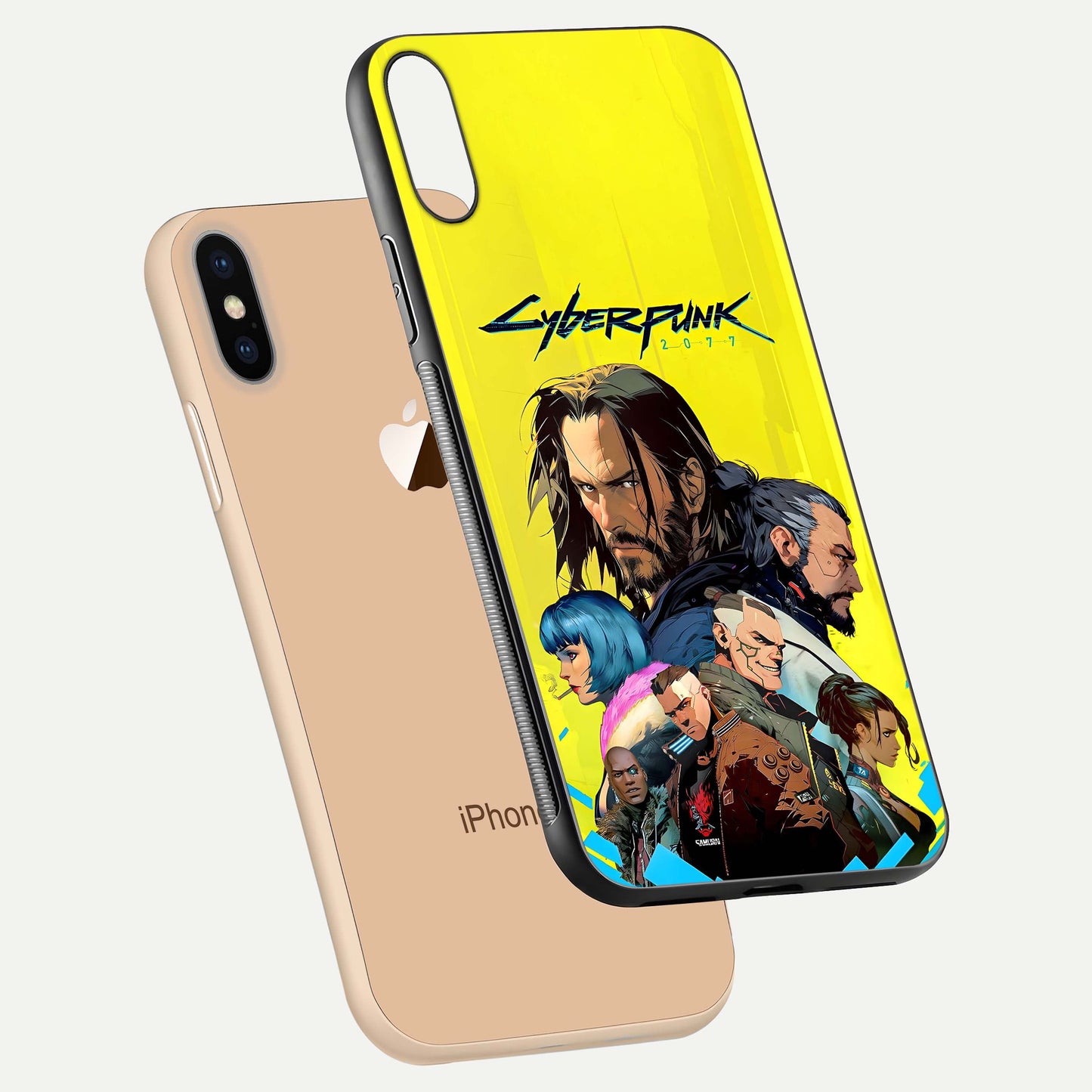 Neon Rebel Genesis Glass Case for iPhone Xs floating dual-view mockup showing electric glow and depth