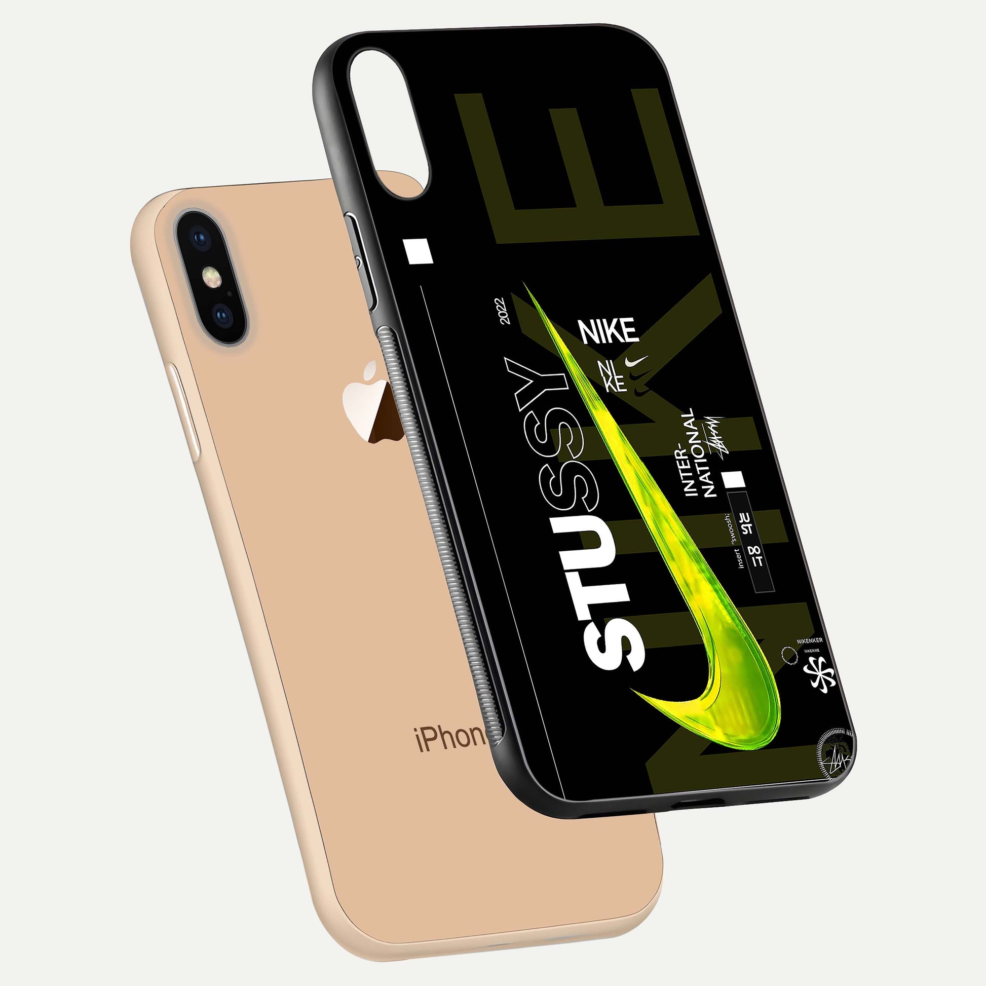 Neon Street Edition Glass Case for iPhone Xs floating dual-view mockup showing HD gloss and neon glow