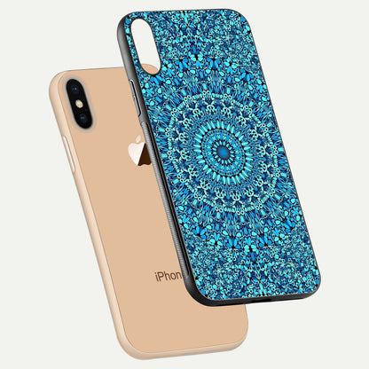Ocean Bloom Mandala Glass Case for iPhone Xs floating dual-view mockup showing gloss texture and print depth