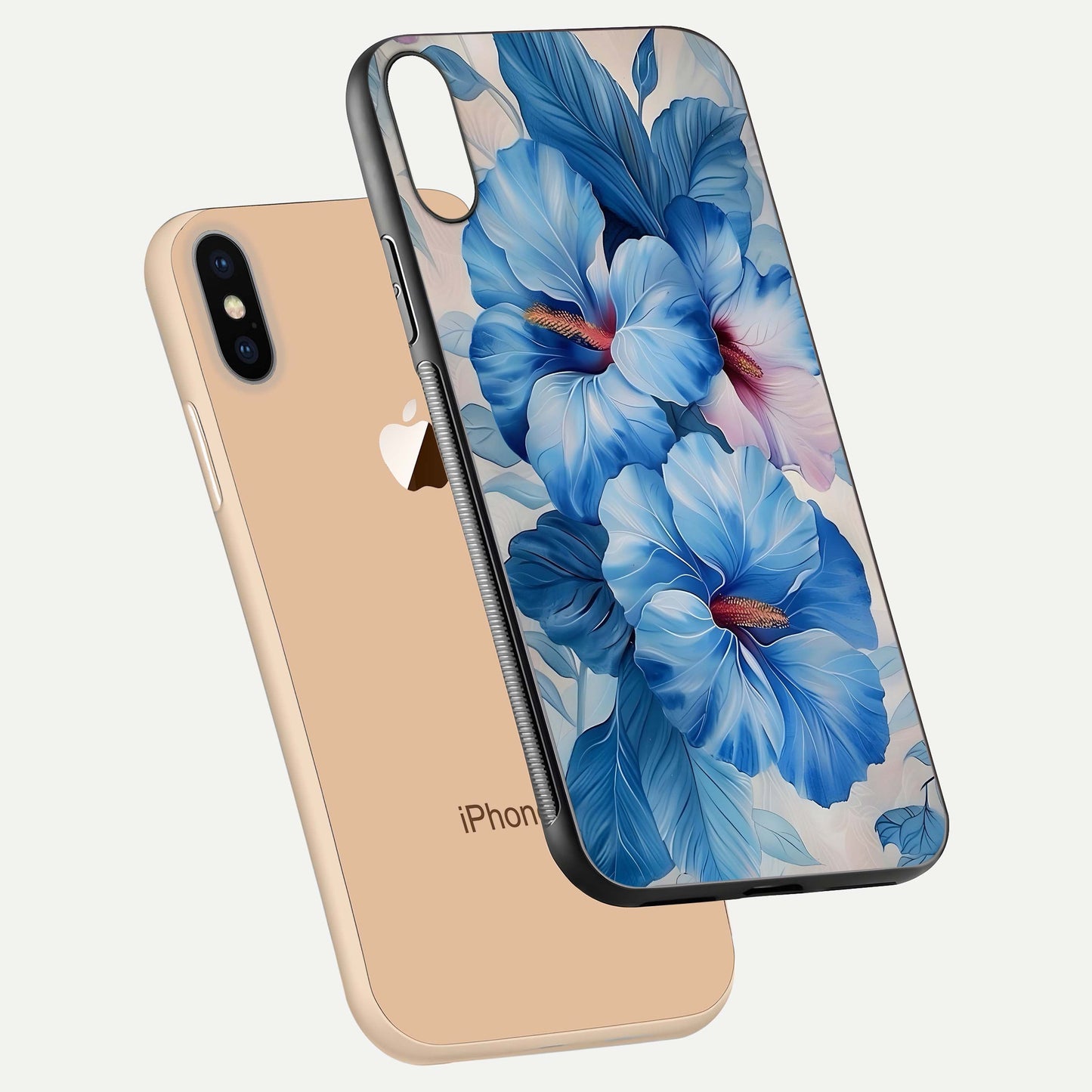 Ocean Hibiscus Grace Glass Case for iPhone Xs floating dual-view mockup showing gloss reflection and print clarity