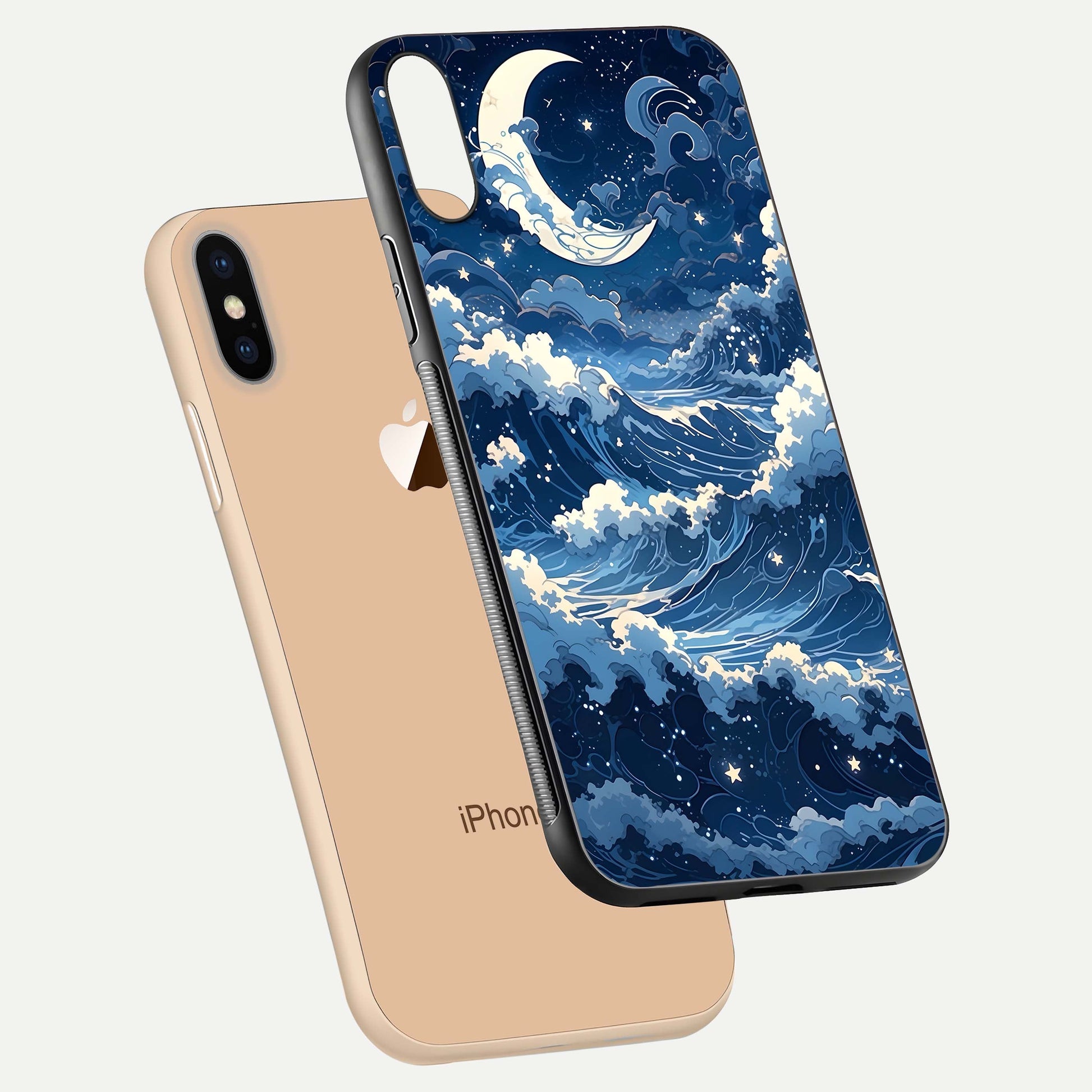Ocean Moon Waves Glass Case for iPhone Xs floating dual-view mockup showing gloss texture and moon glow