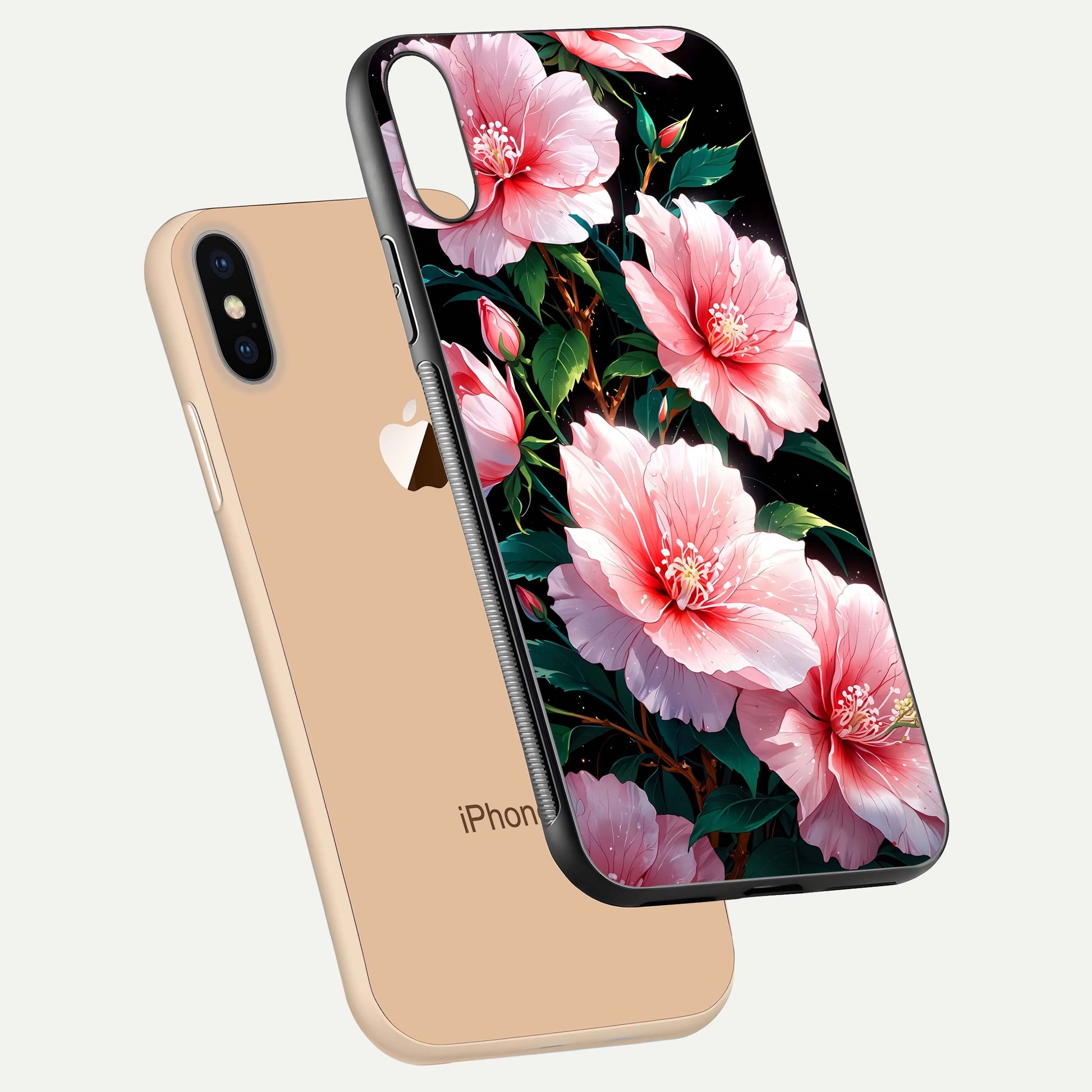 Peach Flower Glass Case for iPhone Xs floating dual-view mockup displaying shine and delicate flower art