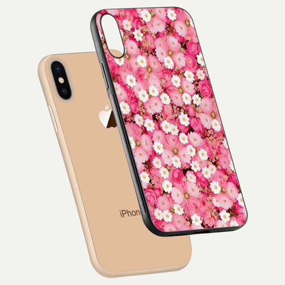 Pink Daisy Bliss Glass Case for iPhone Xs floating dual-view mockup displaying gloss shine and pastel tones