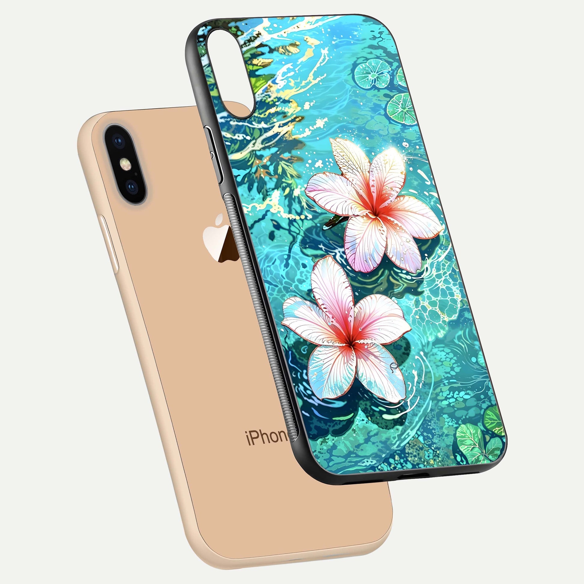 Pink Flowers in Water Glass Case for iPhone Xs floating dual-view mockup showing gloss and floral clarity