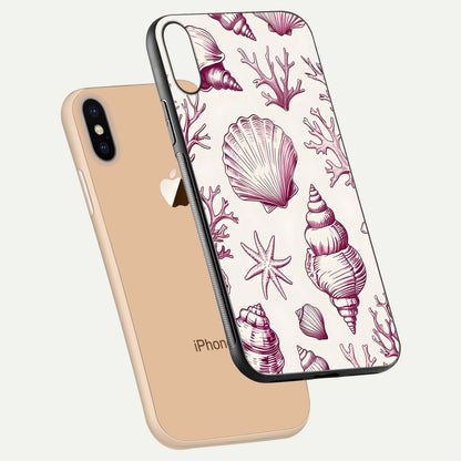 Pink Shells Outline Glass Case for iPhone Xs floating dual-view mockup displaying gloss and ocean vibe