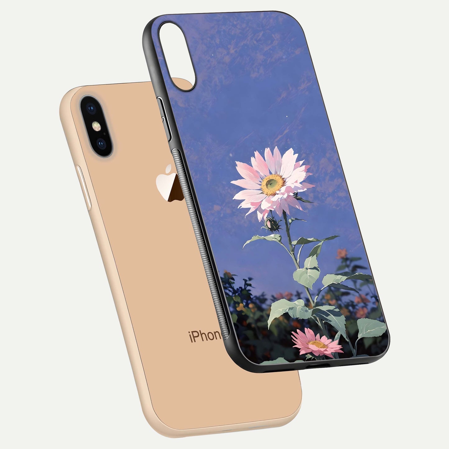 Pink Sunflower Glow Glass Case for iPhone Xs floating dual-view mockup showing gloss reflection and design depth