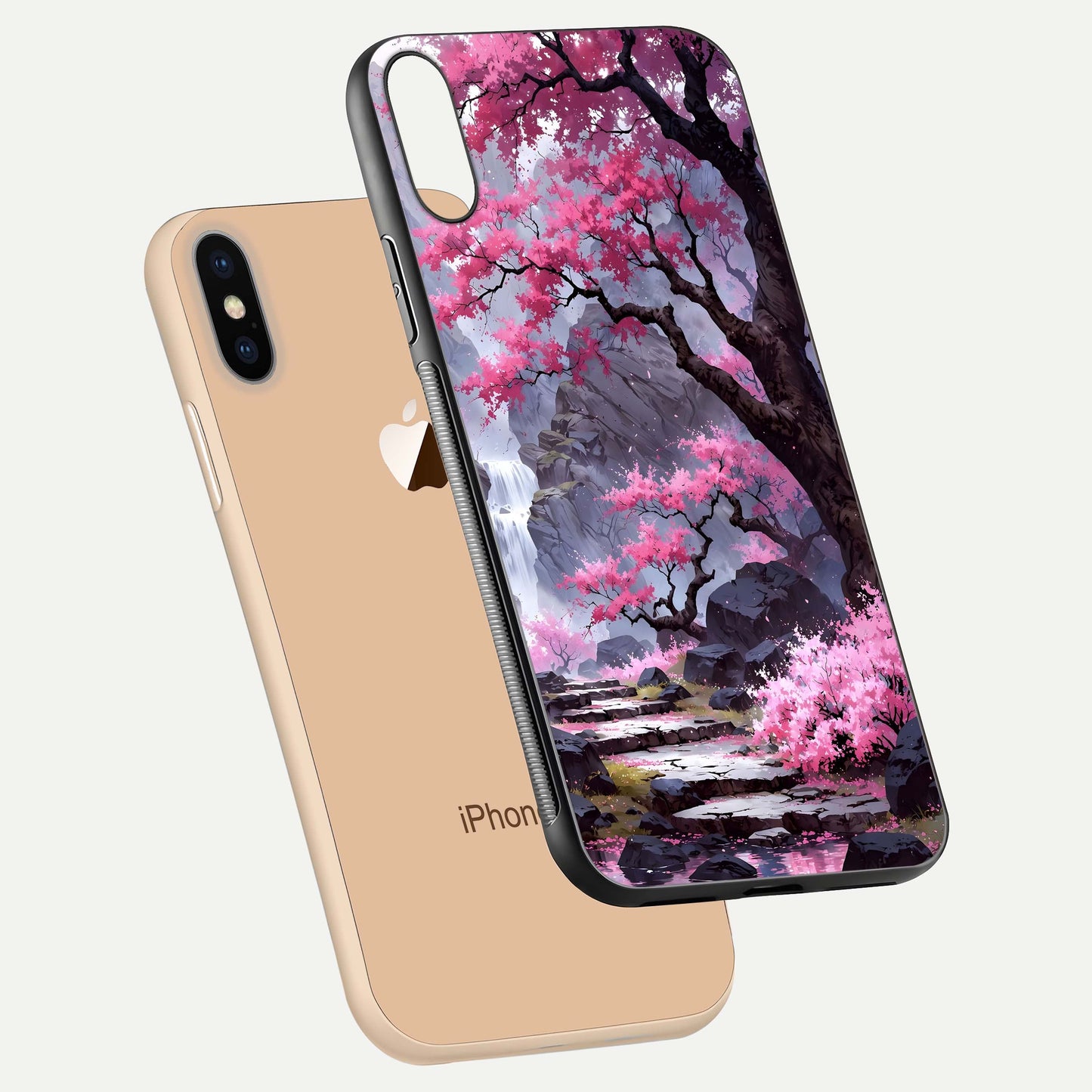 Pinkish Scenery Glass Case for iPhone Xs floating dual-view mockup displaying gloss shine and artistic tone