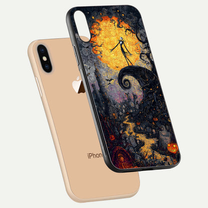 Pumpkin Moon Night Glass Case for iPhone Xs floating dual-view mockup showing HD gloss and spooky detail