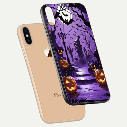 Pumpkin Patch Halloween Glass Case for iPhone Xs floating dual-view mockup displaying gloss and dark tone