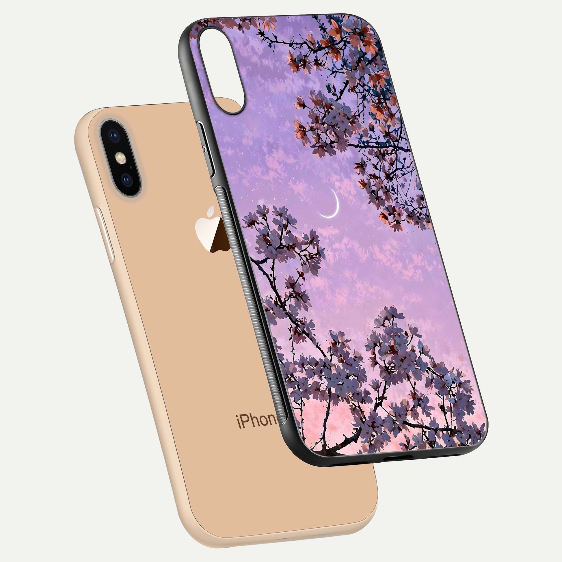 Purple Serenity Moon Glass Case for iPhone Xs floating dual-view mockup showing gloss and cosmic detail