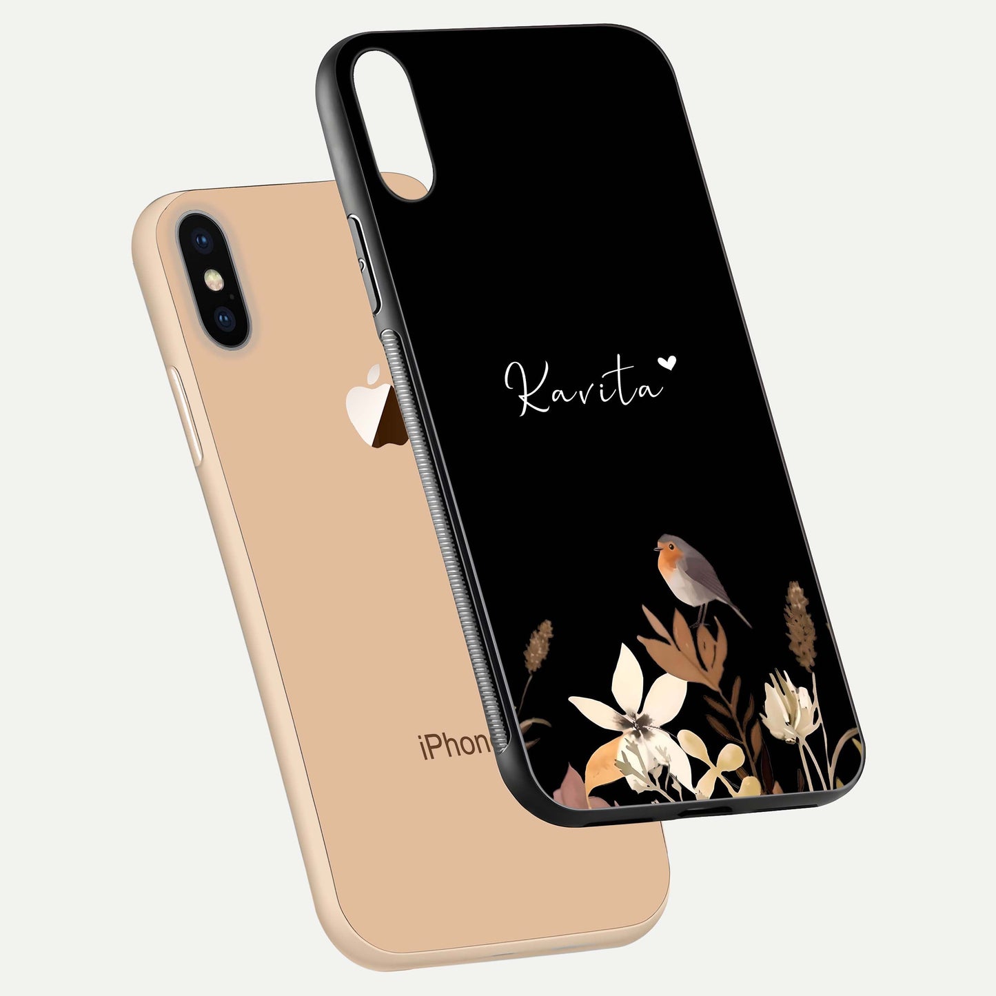 Quiet Garden Tune Custom Name Glass Case for iPhone Xs floating dual-view mockup showing gloss and elegant detail