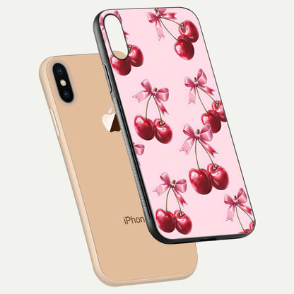 Red Cherries Pattern Glass Case for iPhone Xs floating dual-view mockup showing gloss and color contrast