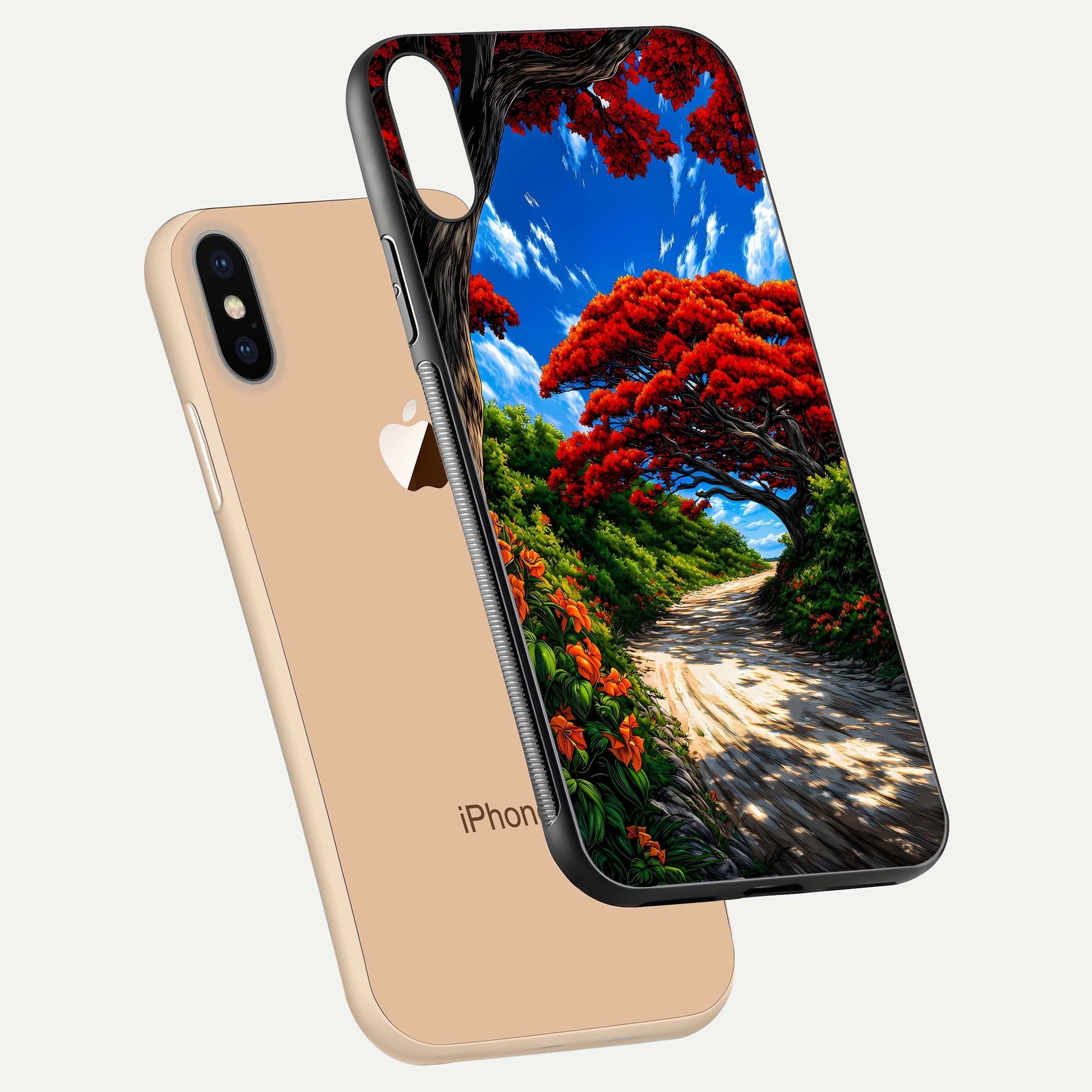 Red Trees Pathway Glass Case for iPhone Xs floating dual-view mockup displaying gloss texture and print depth