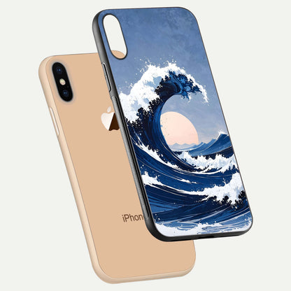 Rising Tide Power Glass Case for iPhone Xs floating dual-view mockup displaying gloss texture and flow pattern