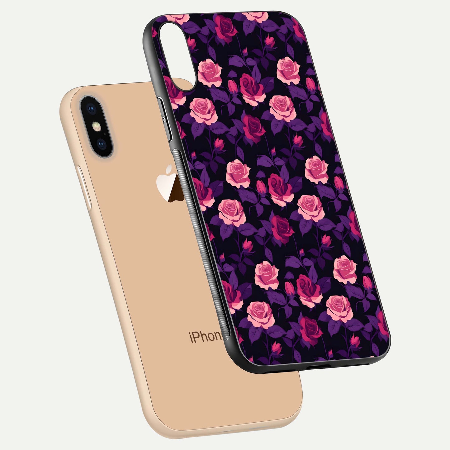 Rose Garden Twilight Glass Case for iPhone Xs floating dual-view mockup displaying gloss surface and depth