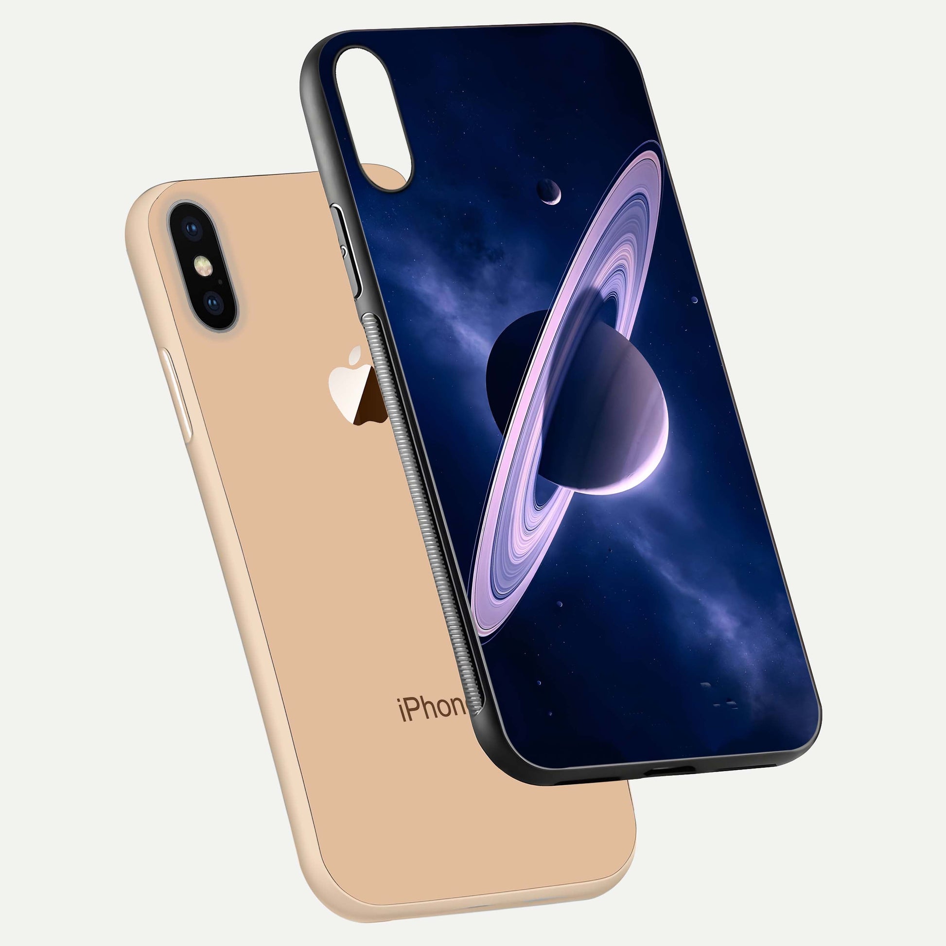 Saturn Ring Mystique Glass Case for iPhone Xs floating dual-view mockup showing gloss finish and star detail