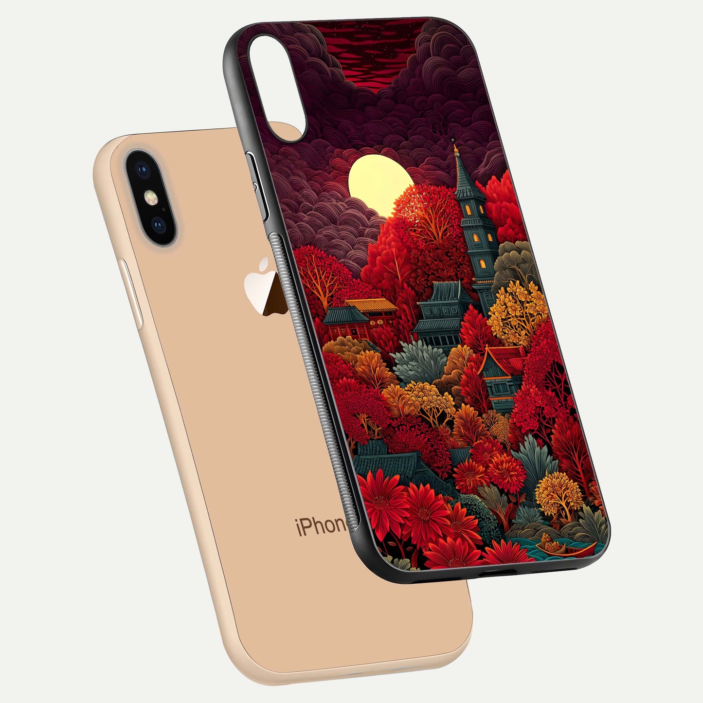 Scarlet Autumn Temple Glass Case for iPhone Xs floating dual-view mockup displaying gloss shine and autumn tones