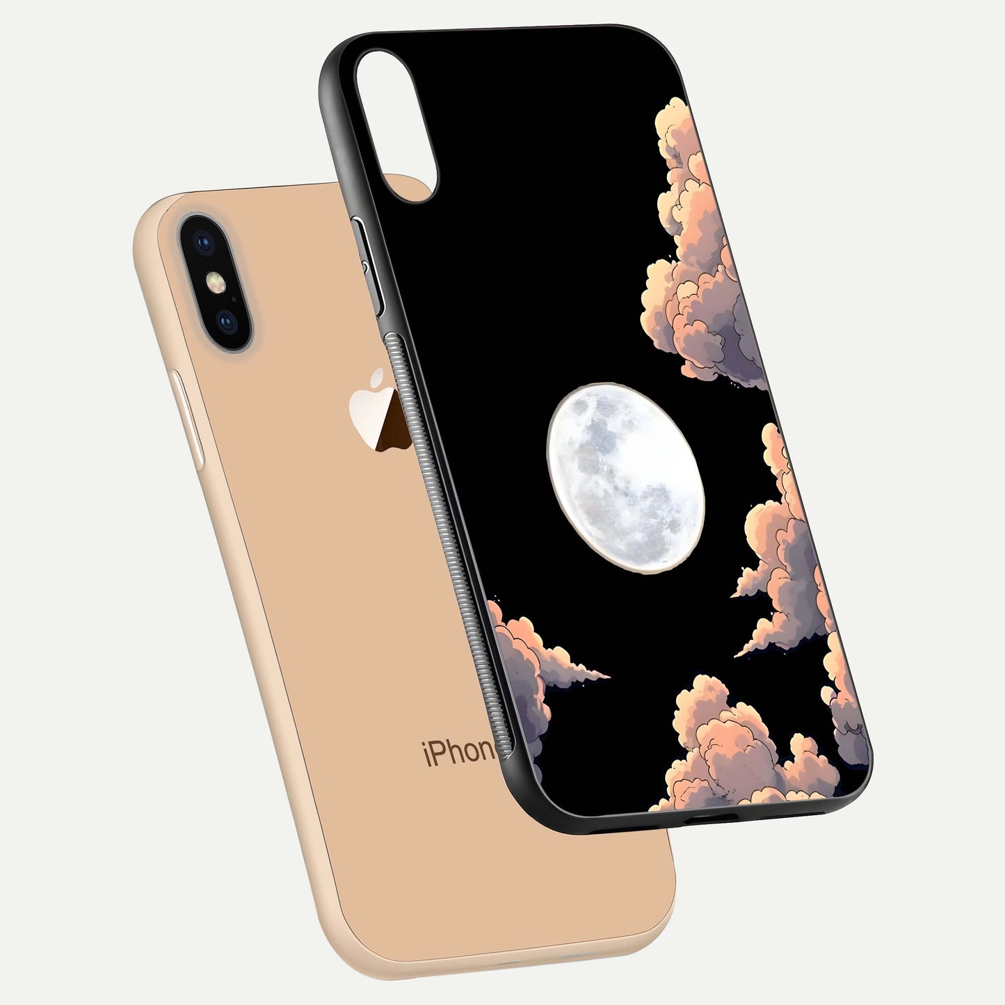 Shade Cloud Moon Glass Case for iPhone Xs floating dual-view mockup showing gloss and celestial texture