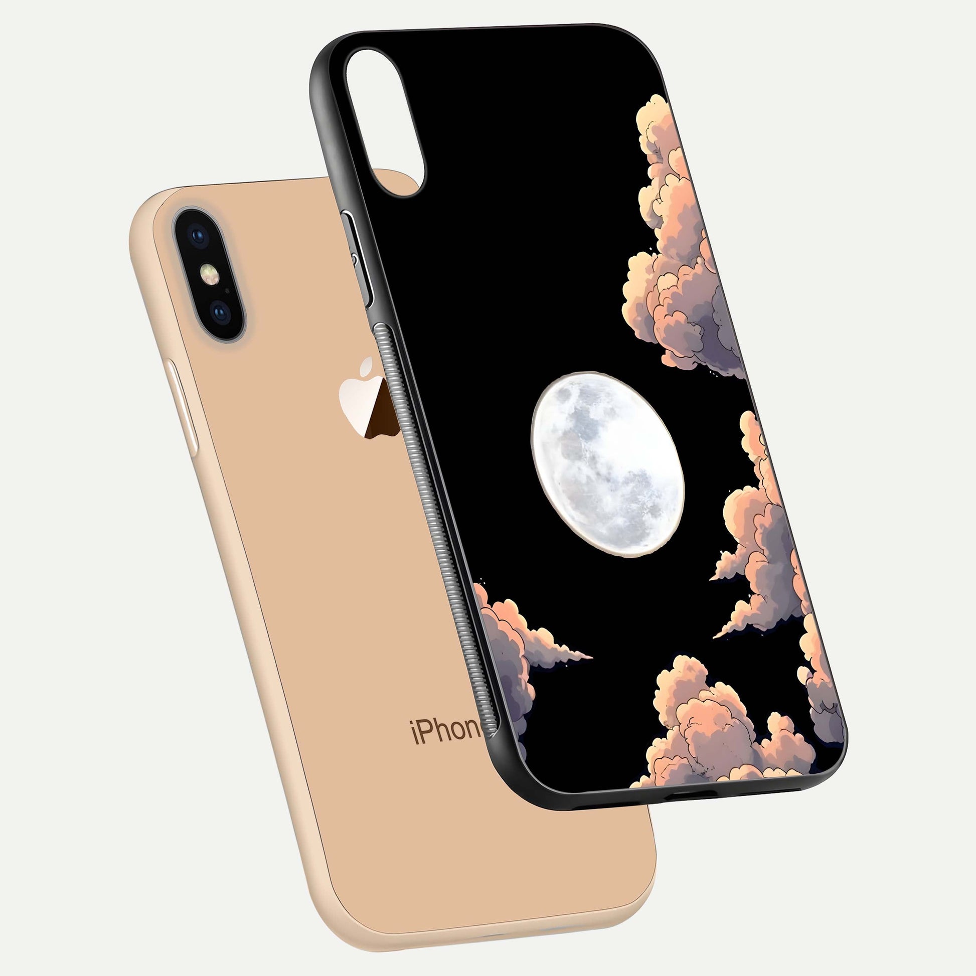 Shade Cloud Moon Glass Case for iPhone Xs floating dual-view mockup showing gloss and celestial texture