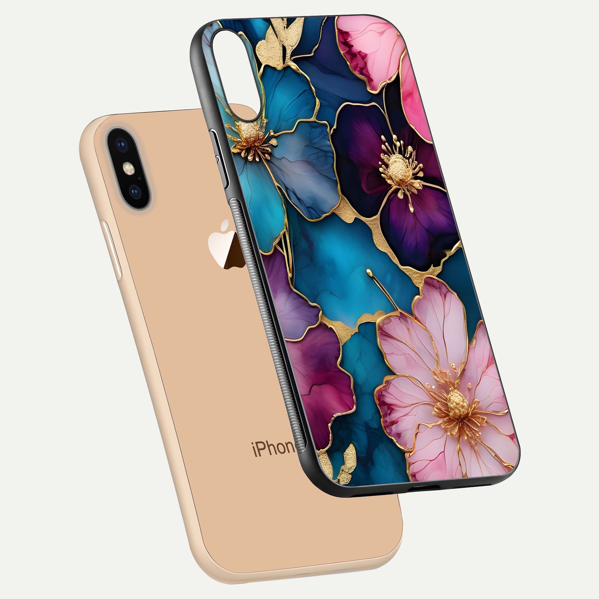 Sparkle Floral Glass Case for iPhone Xs floating dual-view mockup displaying gloss surface and sparkle effect