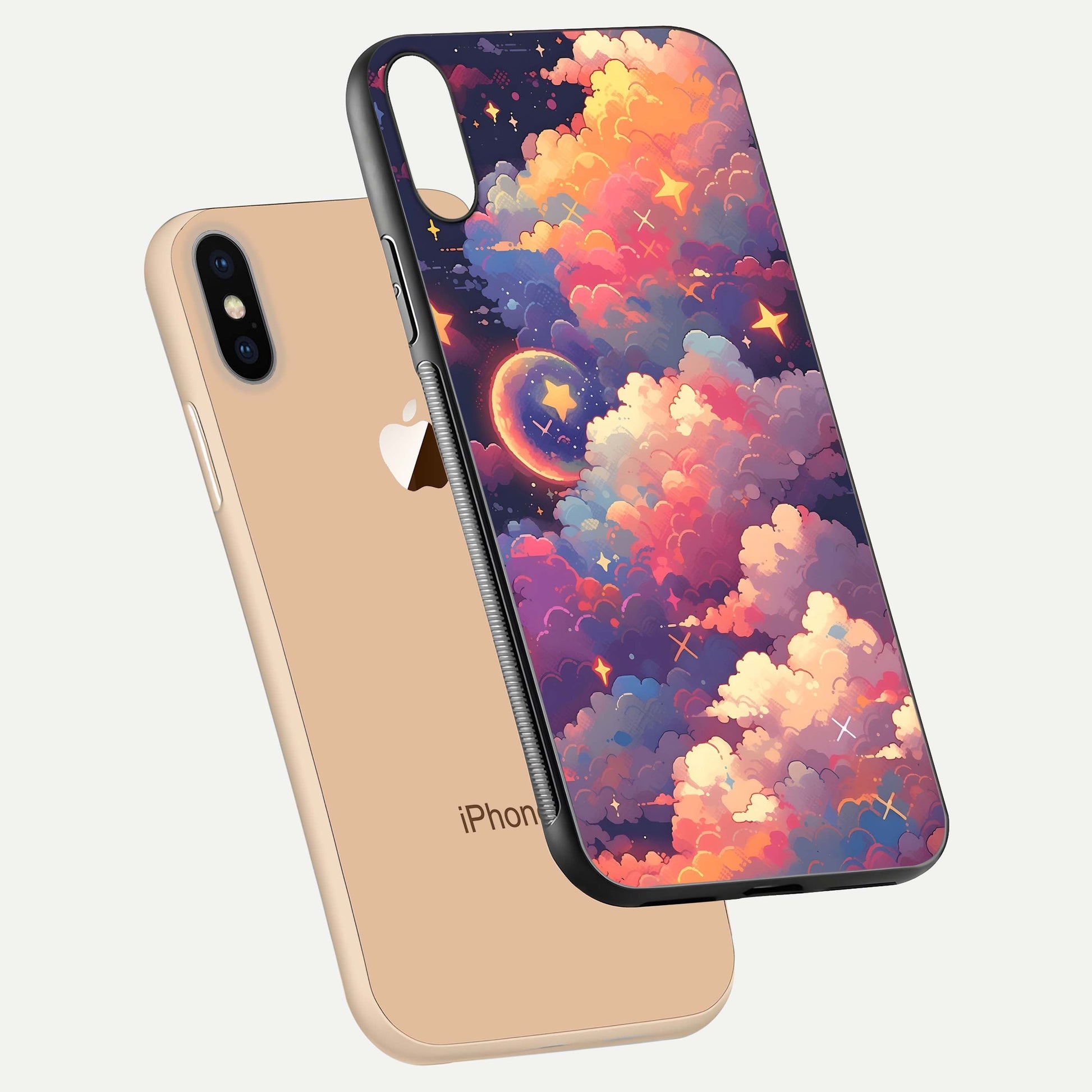 Starlit Dream Clouds Glass Case for iPhone Xs floating dual-view mockup displaying gloss and soft light detail
