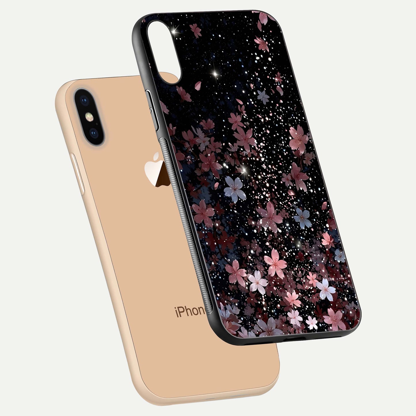 Starlit Flower Dreams Glass Case for iPhone Xs floating dual-view mockup displaying gloss and print clarity