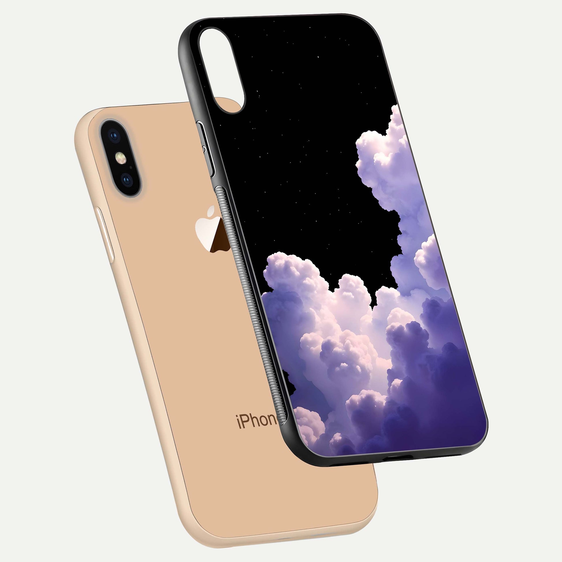 Starlit Night Whispers Glass Case for iPhone Xs floating dual-view mockup displaying gloss surface and depth