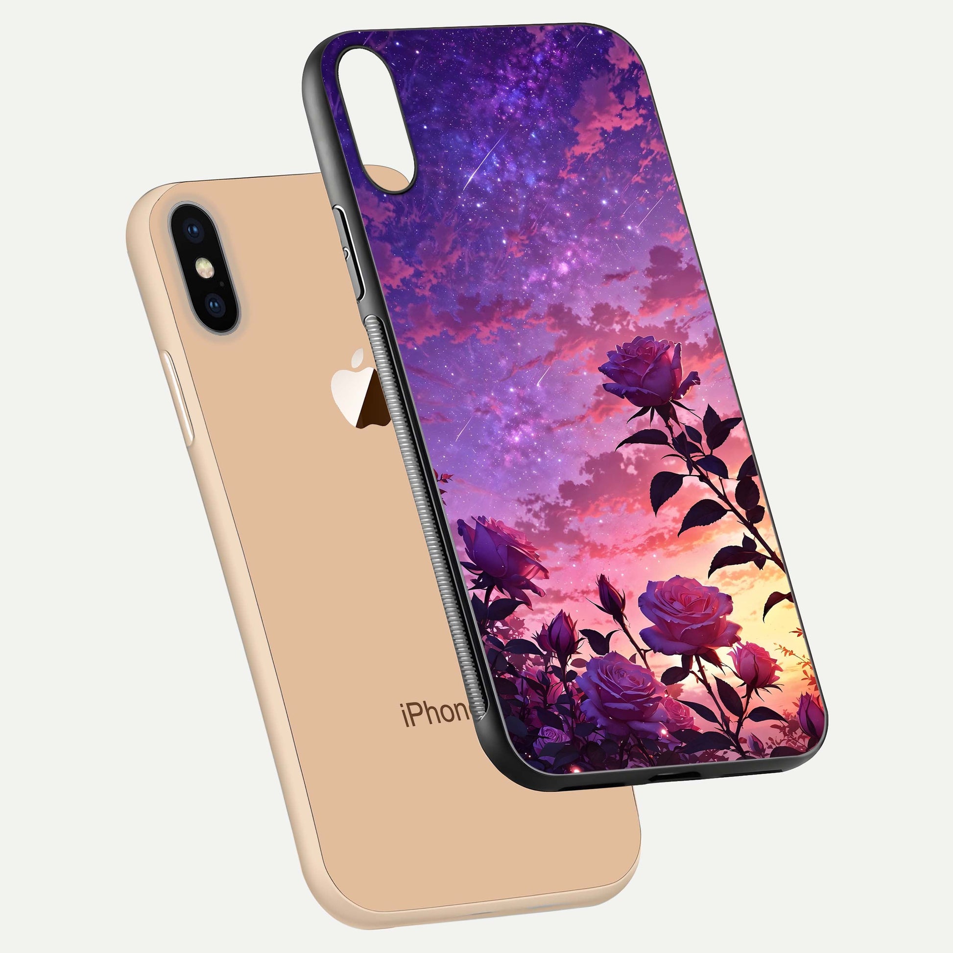 Starlit Rose Twilight Glass Case for iPhone Xs floating dual-view mockup displaying gloss shine and depth