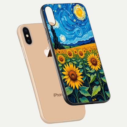 Starry Sunflower Dreams Glass Case for iPhone Xs floating dual-view mockup displaying gloss and vivid print