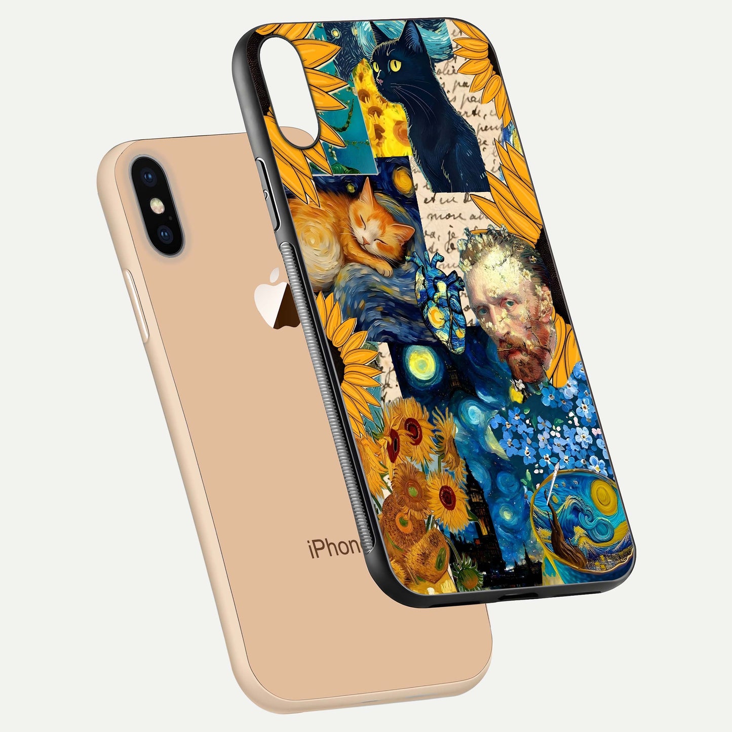 Sunflower Cat Art Glass Case for iPhone Xs floating dual-view mockup displaying gloss shine and HD art print