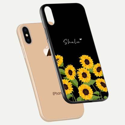 Sunflower Chic Mood Custom Name Glass Case for iPhone 16 Pro floating dual-view mockup displaying gloss texture and detail