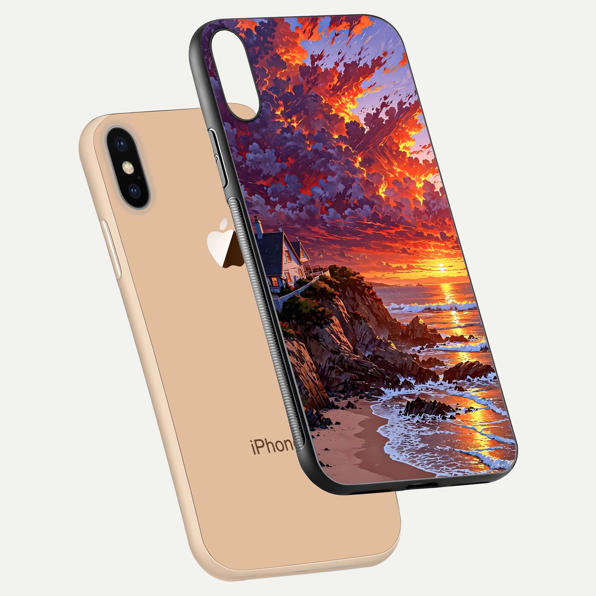 Sunset House by Sea Glass Case for iPhone Xs floating dual-view mockup displaying gloss shine and depth
