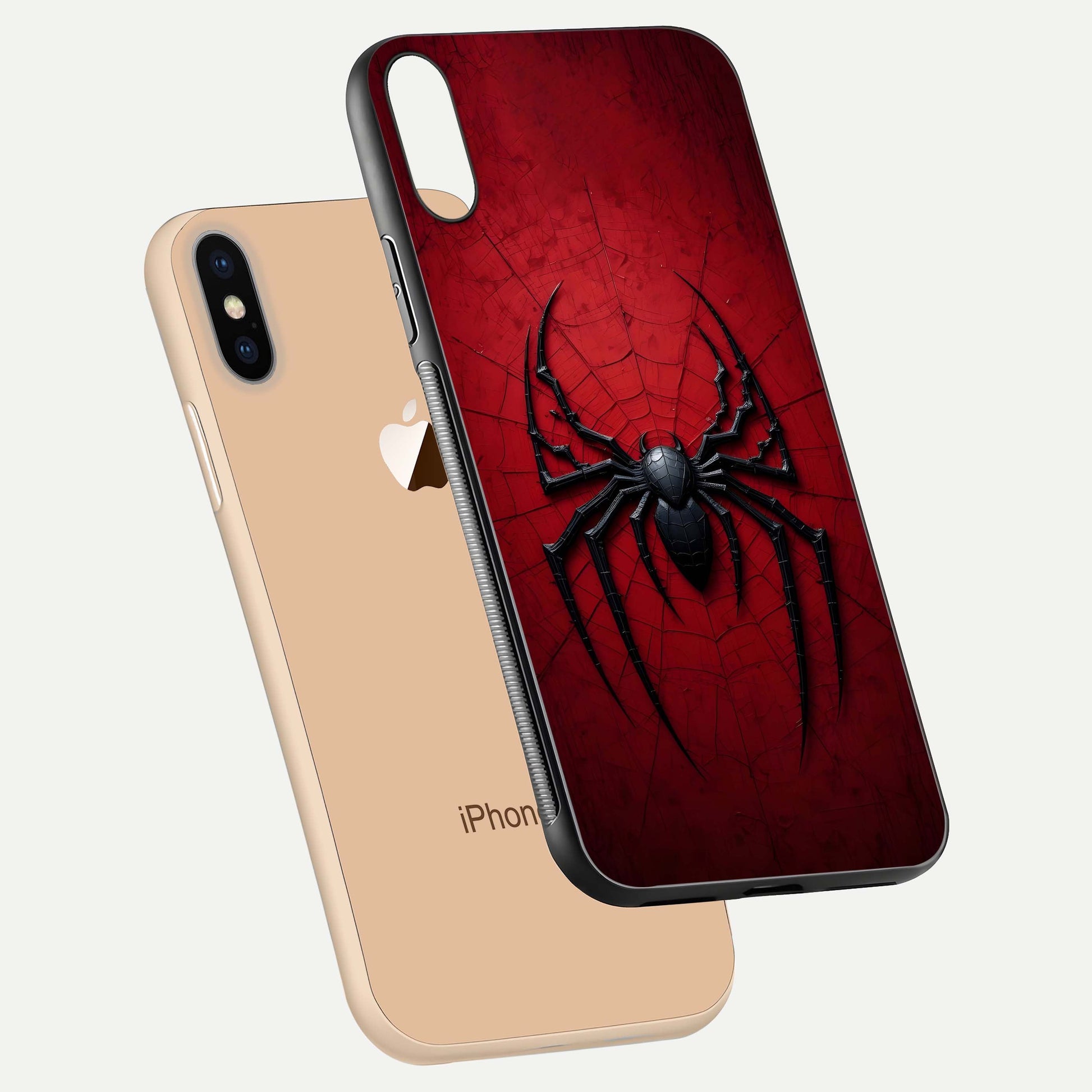 Venom Web Emblem Glass Case for iPhone Xs floating dual-view mockup displaying gloss shine and HD print